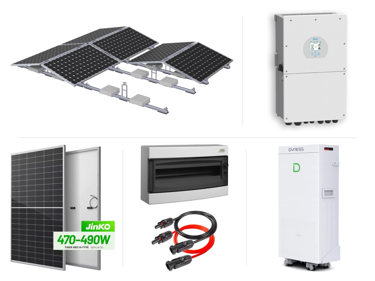 15 kW монофазна хибридна система с 16 kW инвертор и батерия 16 kWh, плосък покрив, баласт изток–запад – с монтаж и пуск