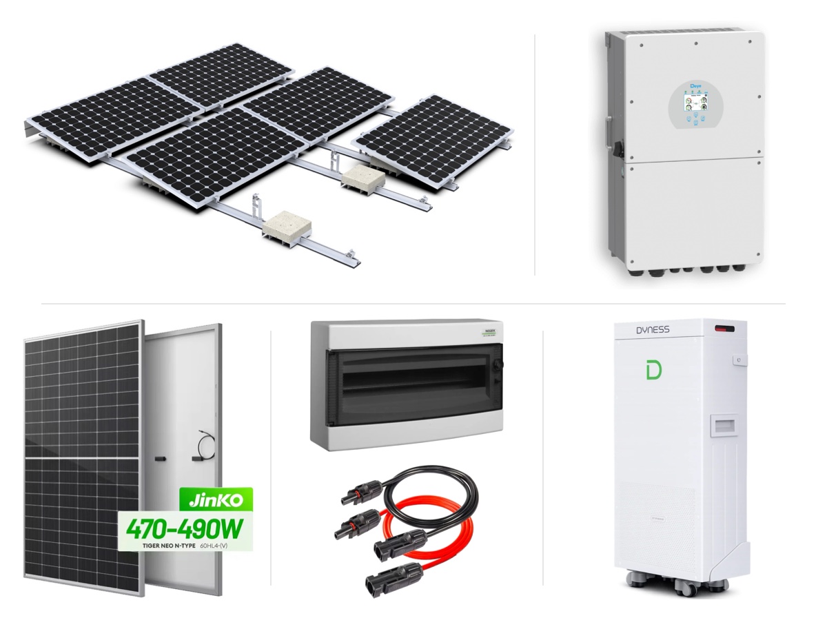 15 kW монофазна хибридна система с 16 kW инвертор и батерия 16 kWh, плосък покрив, баласт юг – с монтаж и пуск